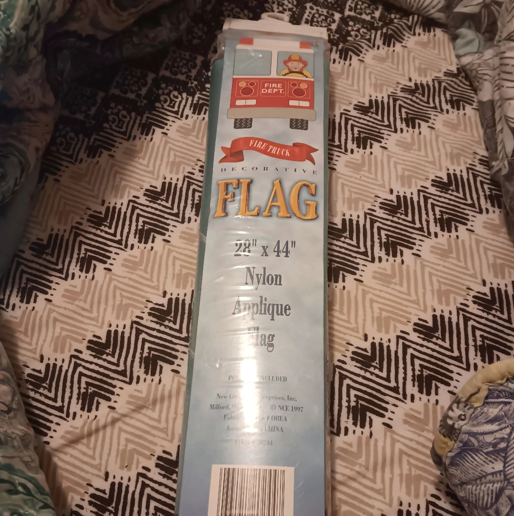 NCE Fire truck Dept. Decorative Flag 28X44 Vintage Nylon Applique Outside NIP